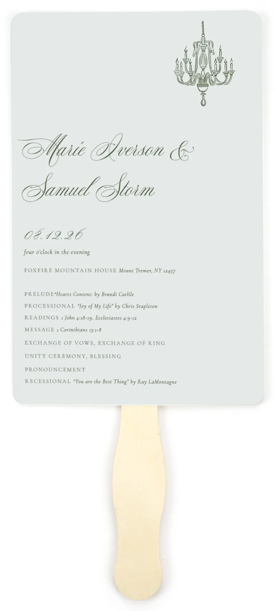 This is a 5" x 7⅞" Wedding Program Fan called Foxfire printed in full color on Premium Smooth paper
