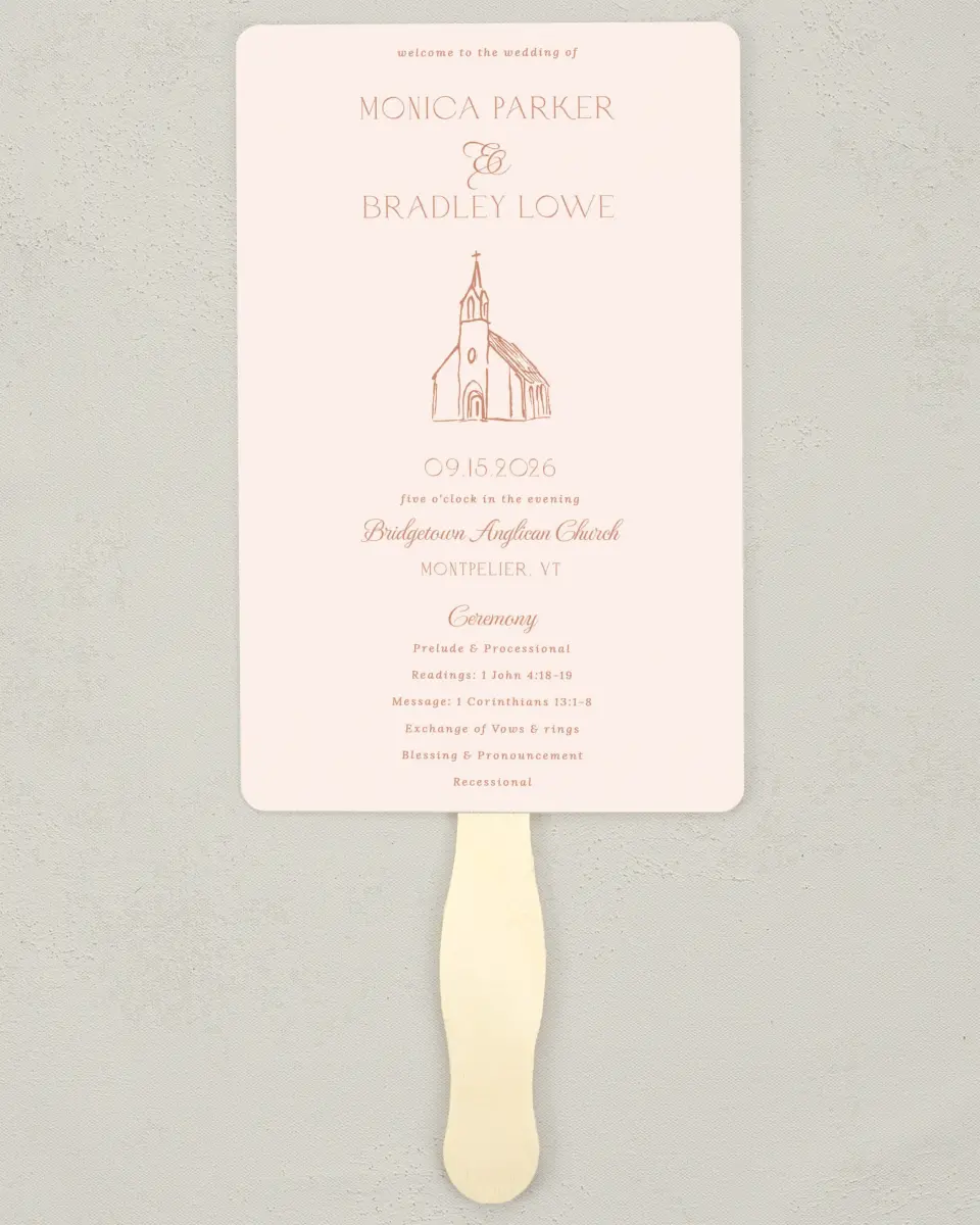 This is a 5" x 7⅞" Wedding Program Fan called Bridgetown printed in full color with Silver foil on Luxe Satin (coated) paper