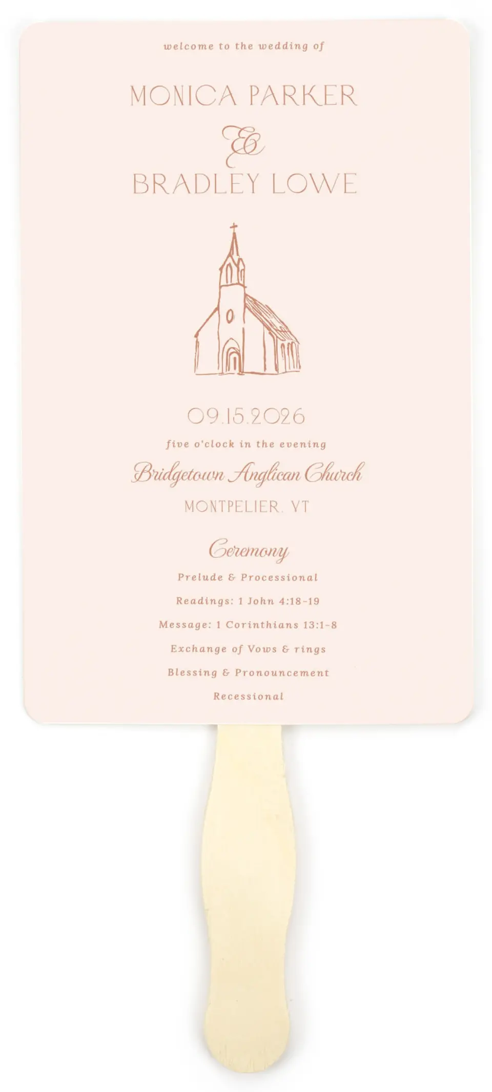 This is a 5" x 7⅞" Wedding Program Fan called Bridgetown printed in full color with Gold foil on Luxe Satin (coated) paper