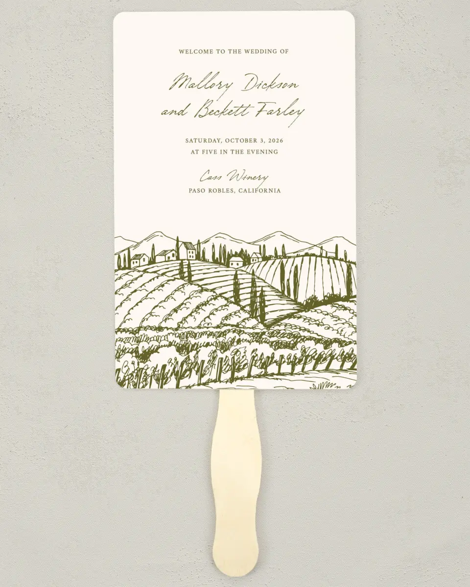This is a 5" x 7⅞" Wedding Program Fan called Ivyhill printed in full color with Gold foil on Luxe Satin (coated) paper