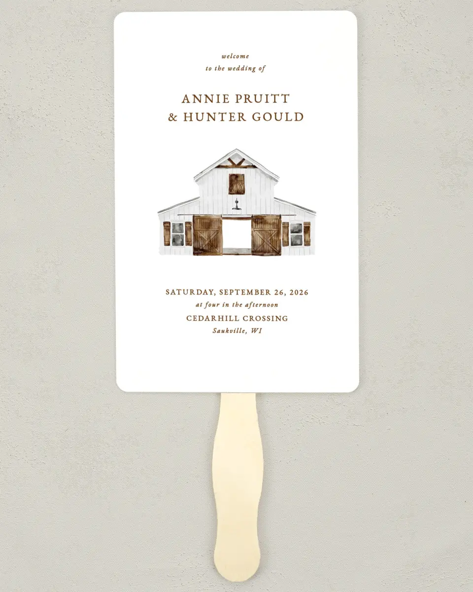 This is a 5" x 7⅞" Wedding Program Fan called Cedarhill Crossing printed in full color with Silver foil on Luxe Satin (coated) paper