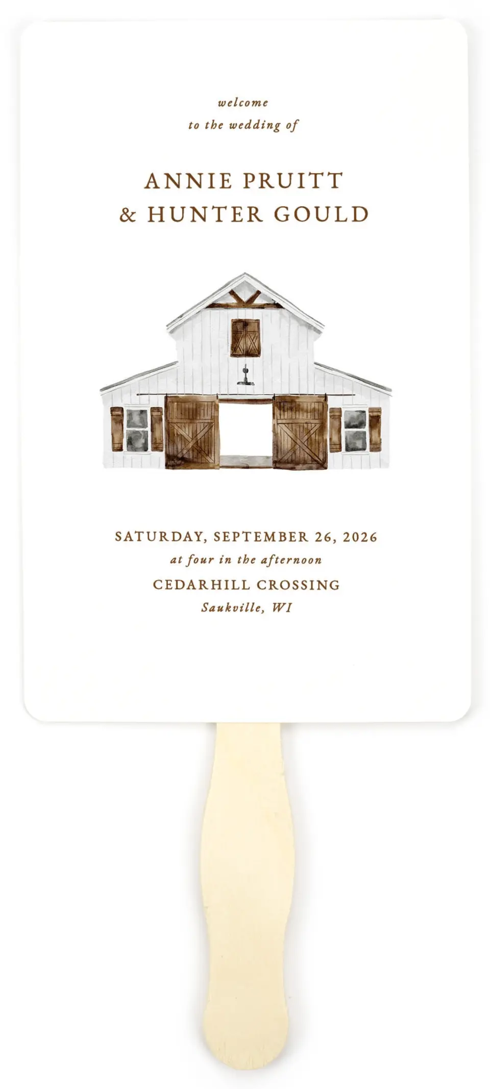 This is a 5" x 7⅞" Wedding Program Fan called Cedarhill Crossing printed in full color with Gold foil on Luxe Satin (coated) paper