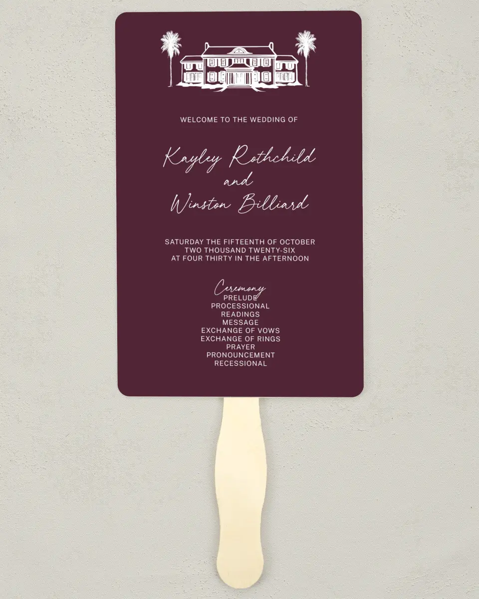 This is a 5" x 7⅞" Wedding Program Fan called The Wilclift printed in full color with Silver foil on Luxe Satin (coated) paper
