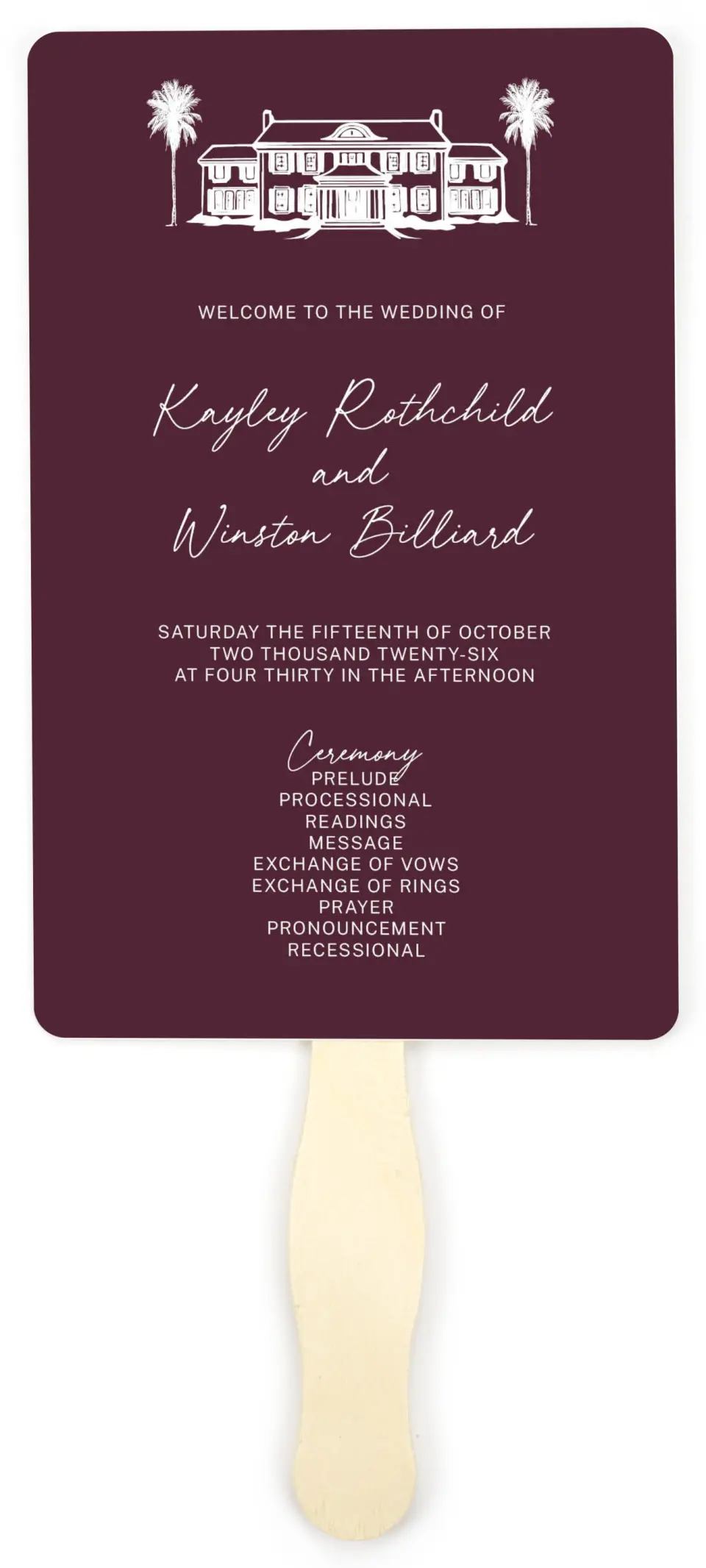 This is a 5" x 7⅞" Wedding Program Fan called The Wilclift printed in full color on Premium Smooth paper