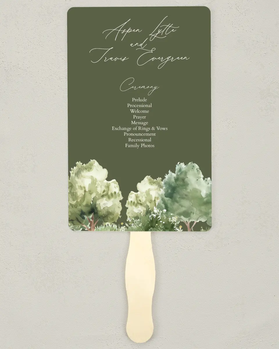 This is a 5" x 7⅞" Wedding Program Fan called Willowmere printed in full color with Silver foil on Luxe Satin (coated) paper