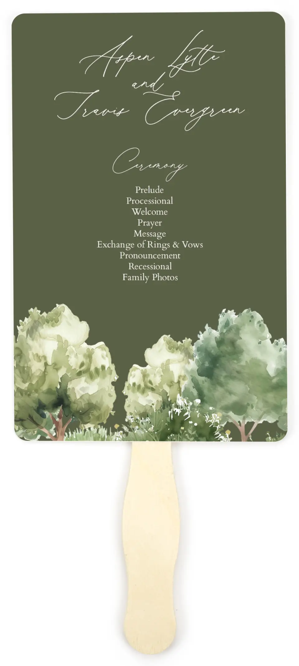 This is a 5" x 7⅞" Wedding Program Fan called Willowmere printed in full color on Premium Smooth paper