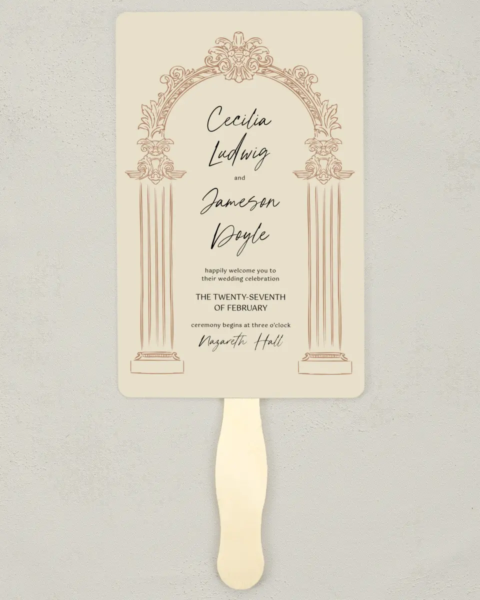 This is a 5" x 7⅞" Wedding Program Fan called Nazareth & Stone printed in full color with Silver foil on Luxe Satin (coated) paper