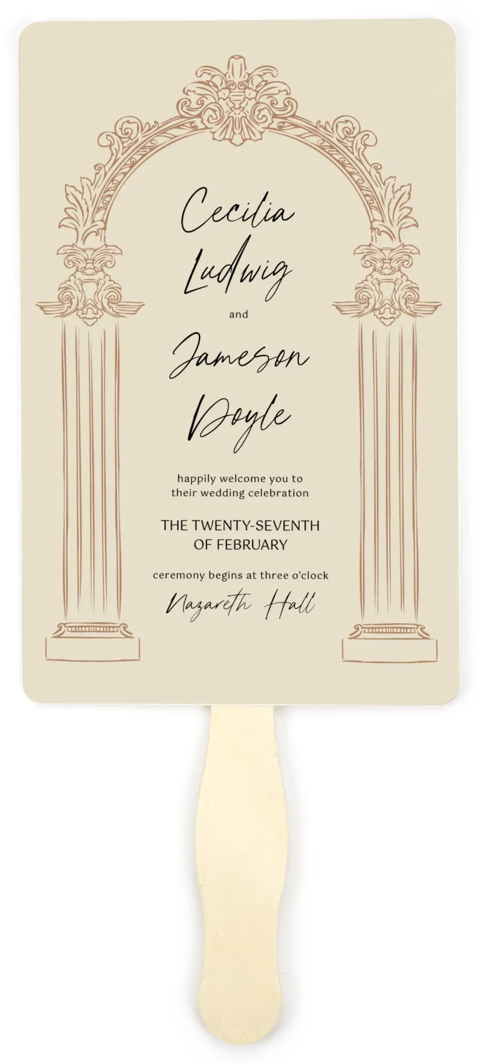 This is a 5" x 7⅞" Wedding Program Fan called Nazareth & Stone printed in full color with Gold foil on Luxe Satin (coated) paper