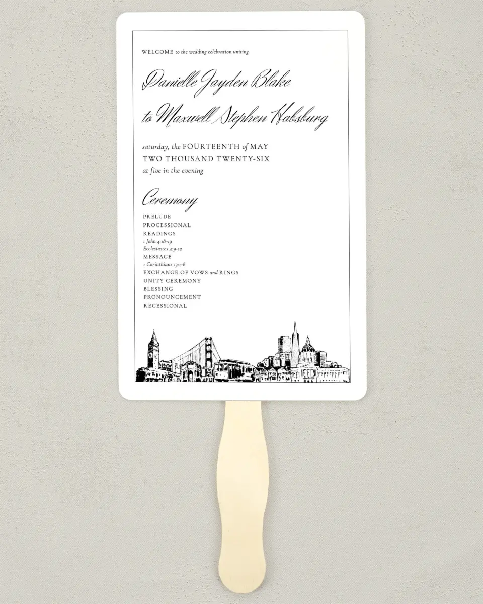 This is a 5" x 7⅞" Wedding Program Fan called Commonwealth Club printed in full color with Silver foil on Luxe Satin (coated) paper