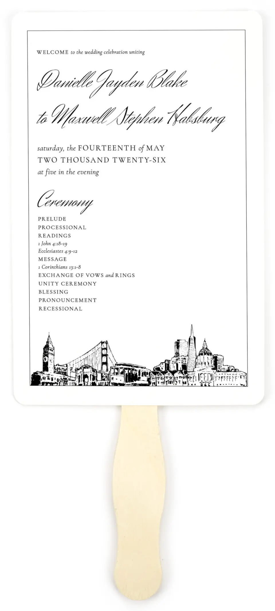 This is a 5" x 7⅞" Wedding Program Fan called Commonwealth Club printed in full color with Gold foil on Luxe Satin (coated) paper