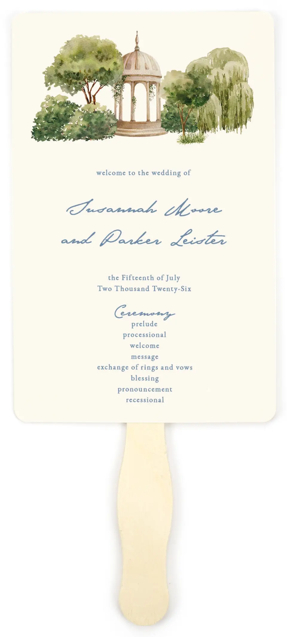 This is a 5" x 7⅞" Wedding Program Fan called Rosewood printed in full color on Premium Smooth paper