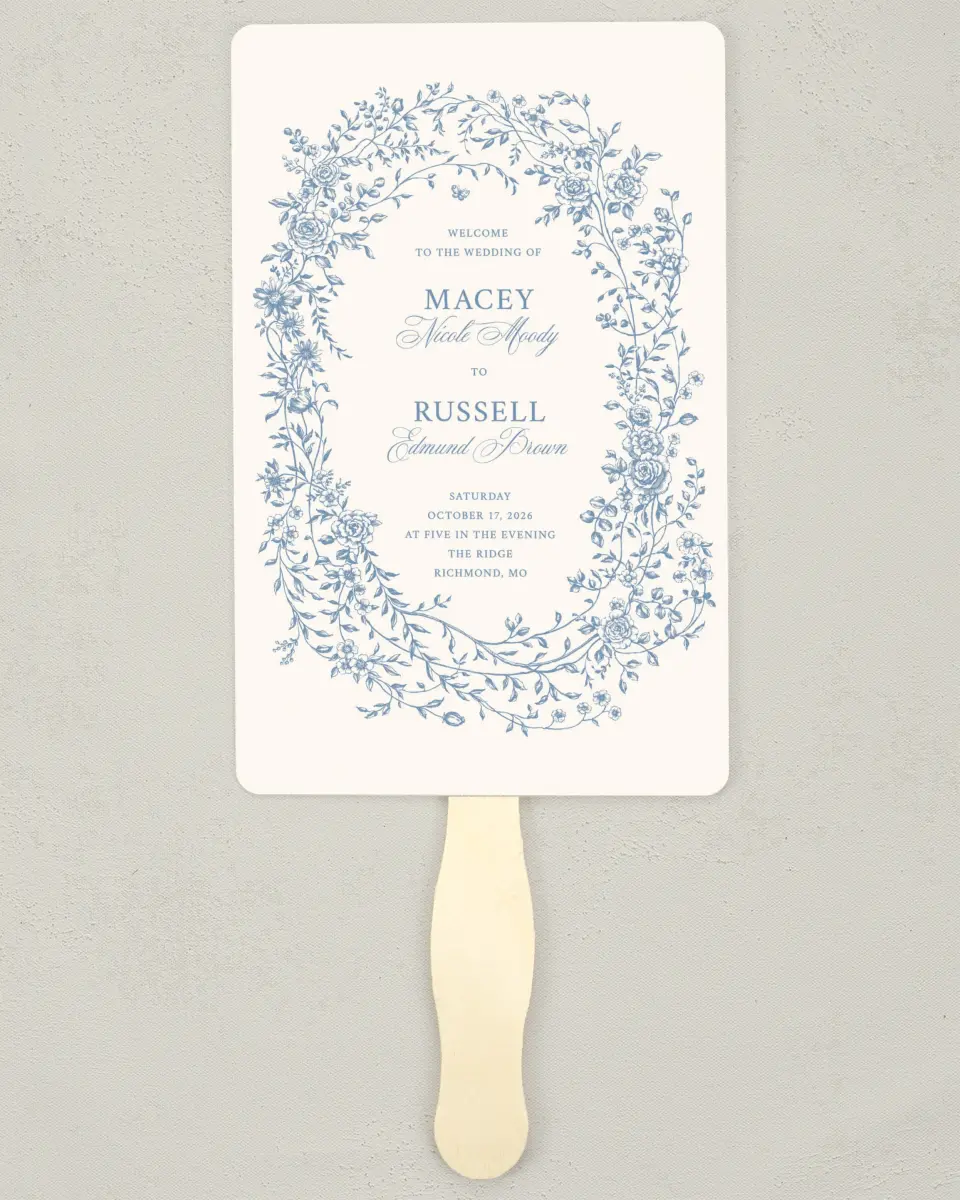 This is a 5" x 7⅞" Wedding Program Fan called Vintage Reverie printed in full color on Premium Smooth paper