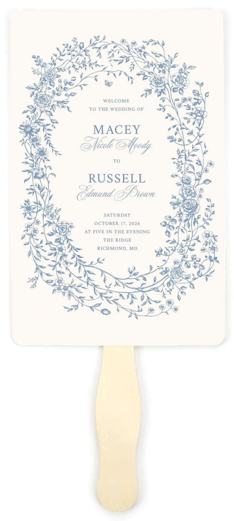 This is a 5" x 7⅞" Wedding Program Fan called Vintage Reverie printed in full color on Premium Smooth paper