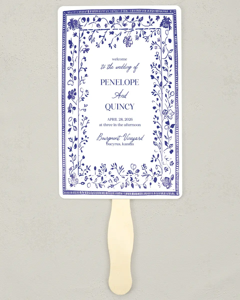 This is a 5" x 7⅞" Wedding Program Fan called Storybook Garden printed in full color on Premium Smooth paper