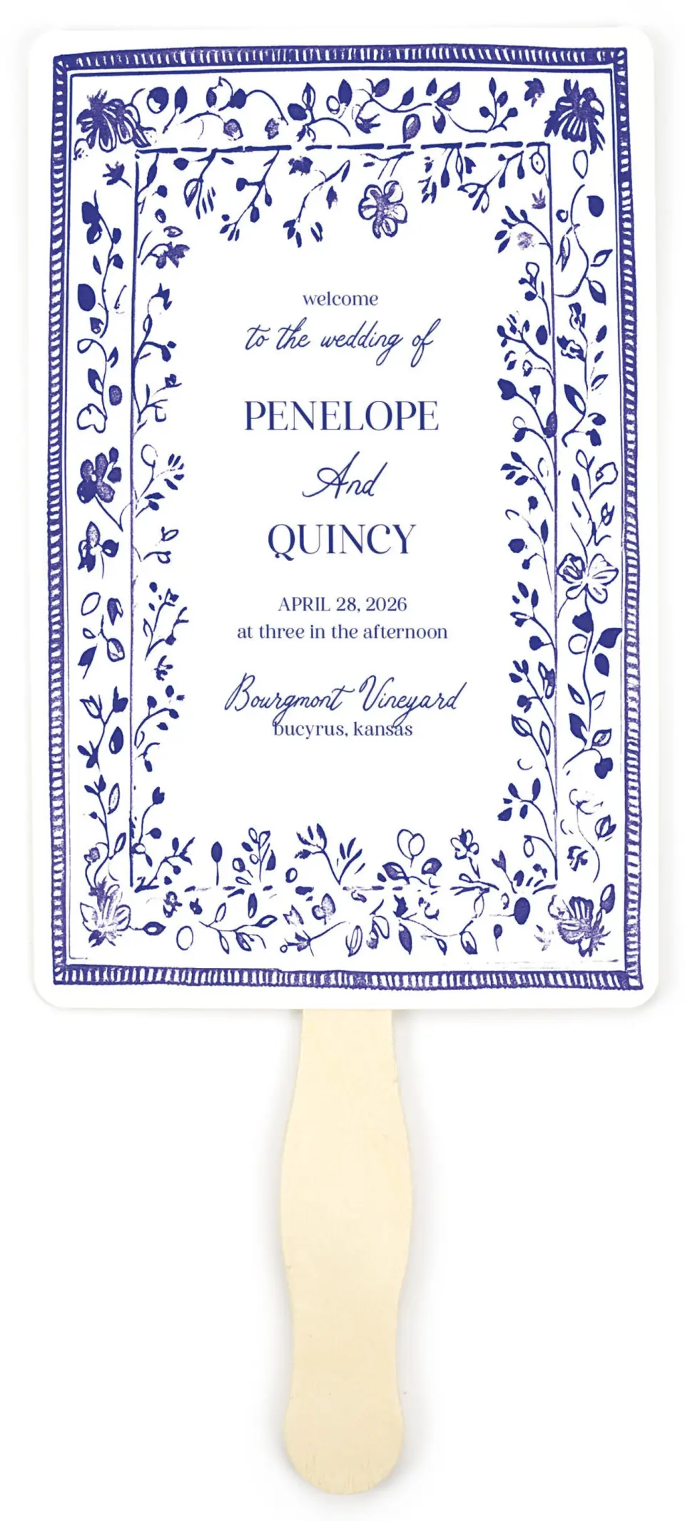 This is a 5" x 7⅞" Wedding Program Fan called Storybook Garden printed in full color on Premium Smooth paper