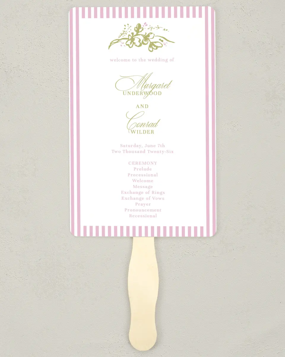 This is a 5" x 7⅞" Wedding Program Fan called Evening in Bloom printed in full color on Premium Smooth paper
