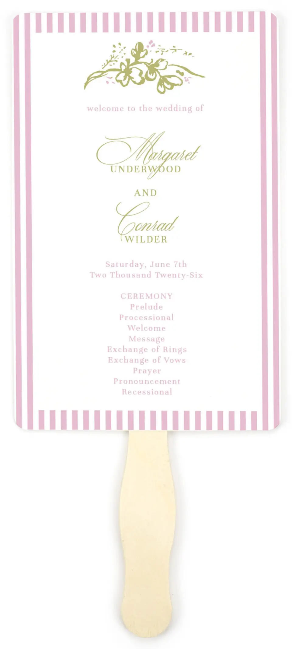 This is a 5" x 7⅞" Wedding Program Fan called Evening in Bloom printed in full color on Premium Smooth paper