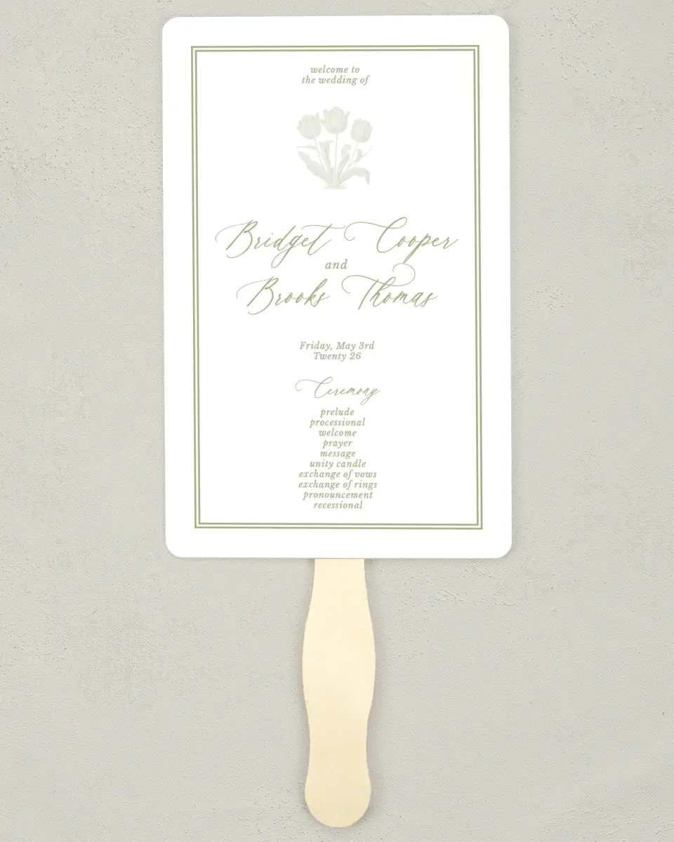 This is a 5" x 7⅞" Wedding Program Fan called Timeless Tulips printed in full color on Premium Smooth paper