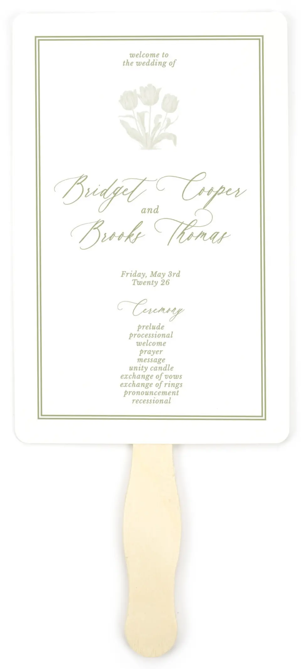 This is a 5" x 7⅞" Wedding Program Fan called Timeless Tulips printed in full color on Premium Smooth paper