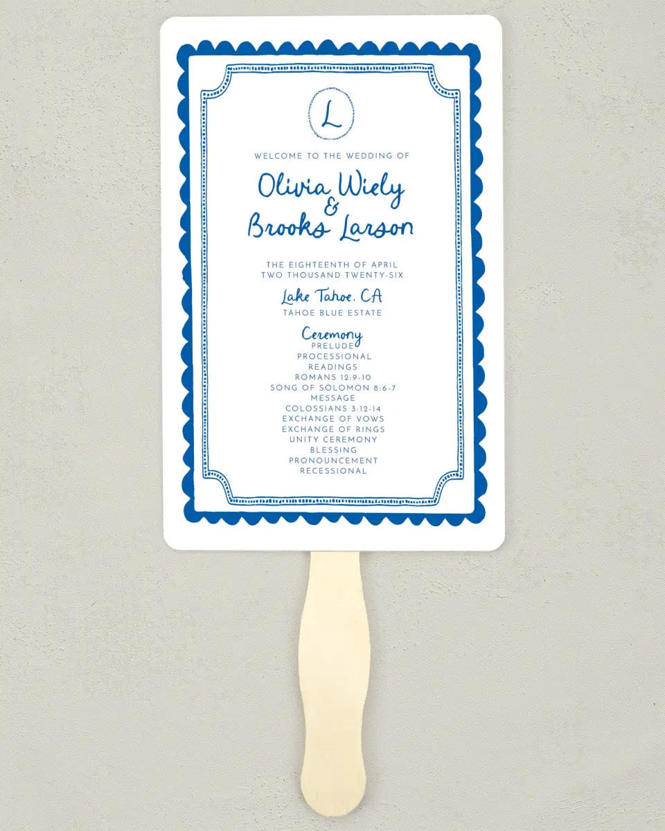 This is a 5" x 7⅞" Wedding Program Fan called Scalloped Elegance printed in full color on Premium Smooth paper