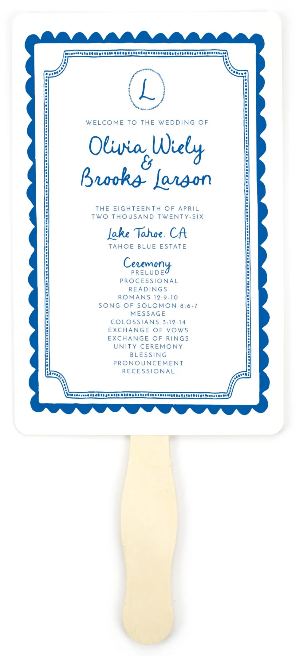 This is a 5" x 7⅞" Wedding Program Fan called Scalloped Elegance printed in full color on Premium Smooth paper