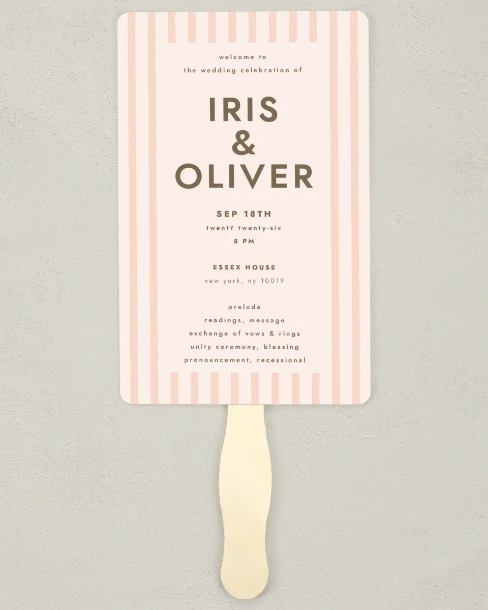 This is a 5" x 7⅞" Wedding Program Fan called Serendipity & Stripes printed in full color on Premium Smooth paper