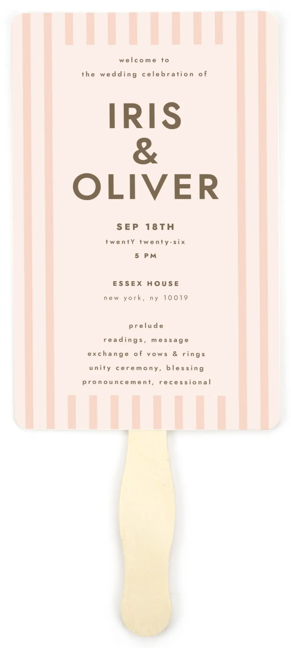 This is a 5" x 7⅞" Wedding Program Fan called Serendipity & Stripes printed in full color on Premium Smooth paper