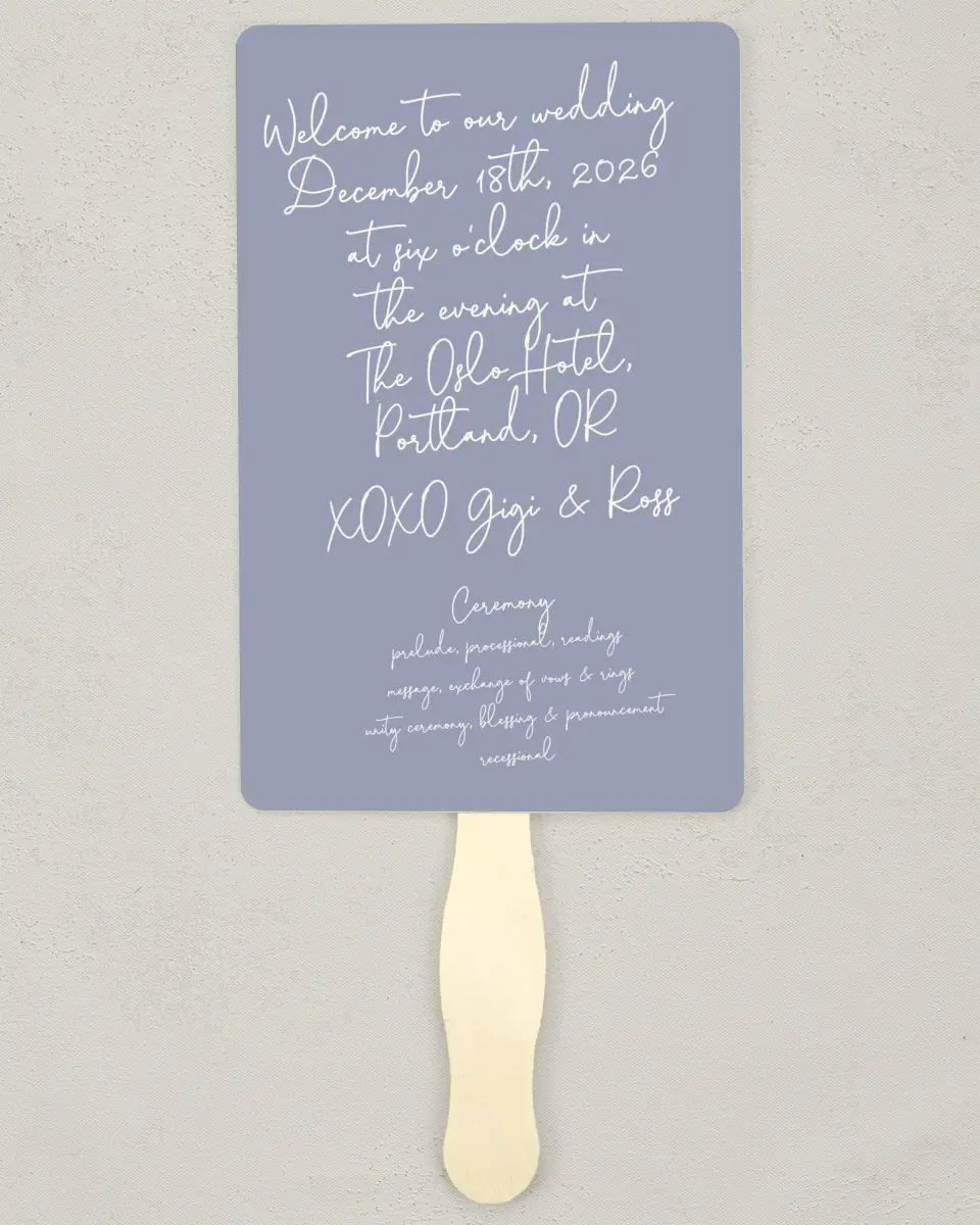 This is a 5" x 7⅞" Wedding Program Fan called Yours Truly printed in full color on Premium Smooth paper