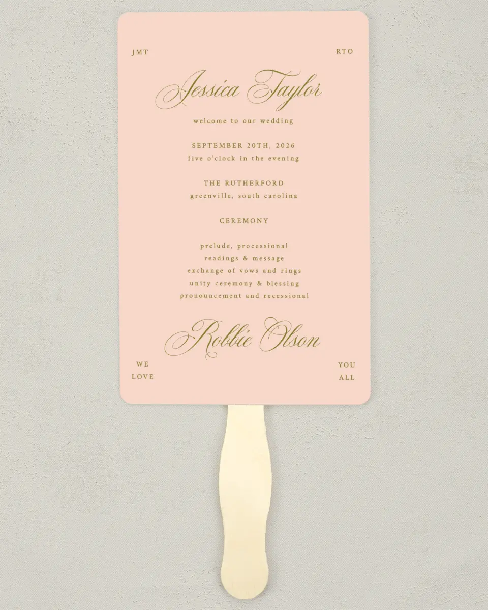 This is a 5" x 7⅞" Wedding Program Fan called Love Off Script printed in full color on Premium Smooth paper