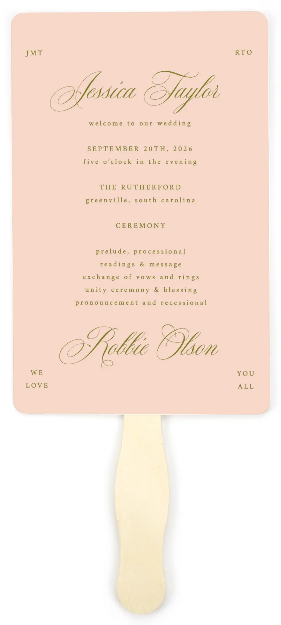 This is a 5" x 7⅞" Wedding Program Fan called Love Off Script printed in full color on Premium Smooth paper
