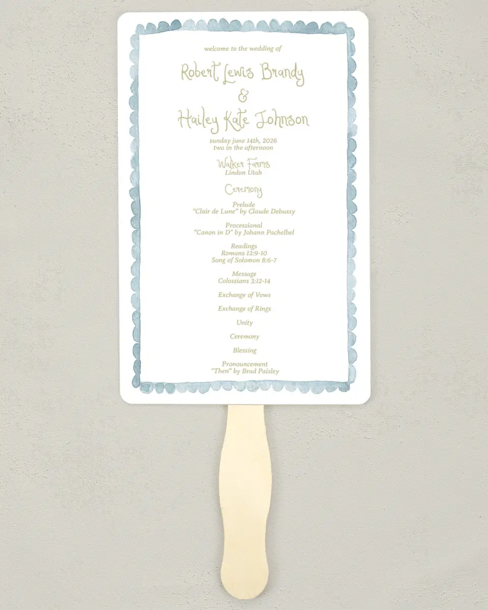 This is a 5" x 7⅞" Wedding Program Fan called Soft Meadows printed in full color on Premium Smooth paper