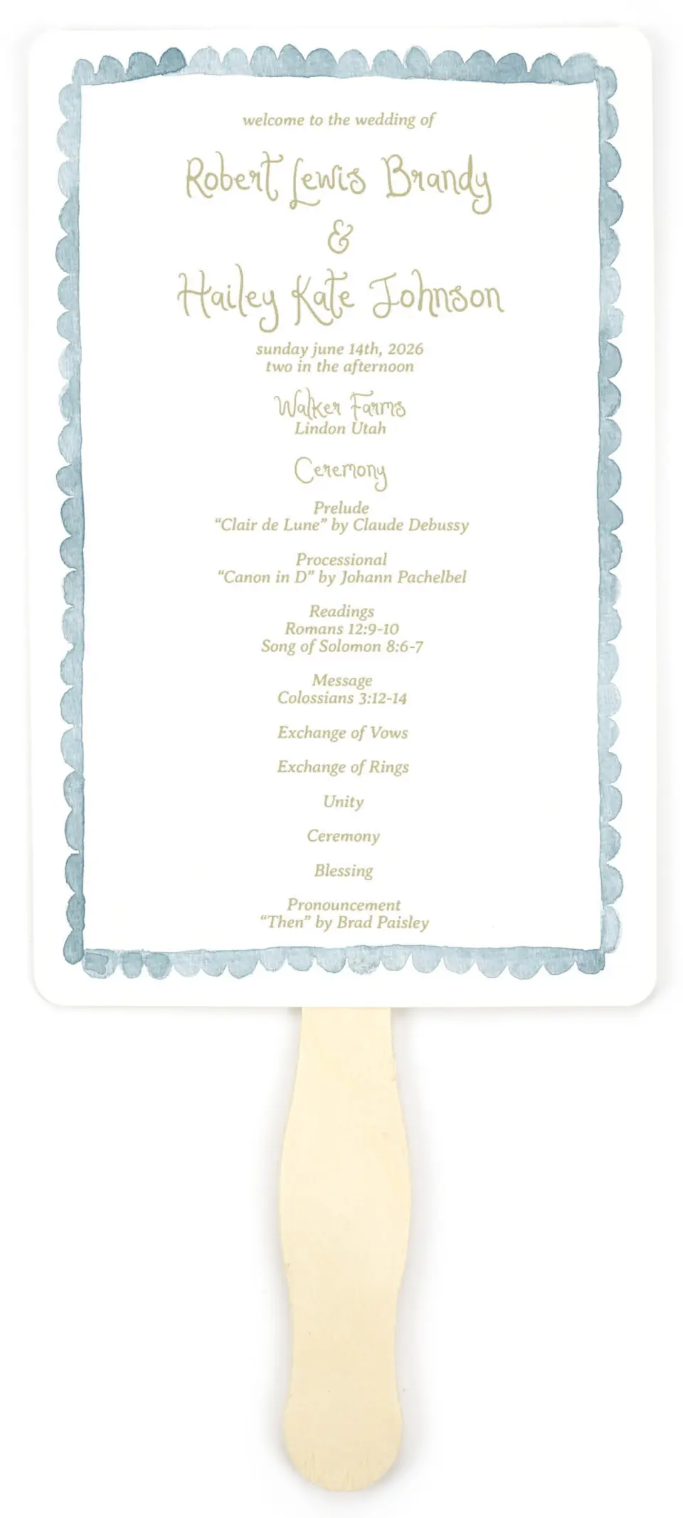 This is a 5" x 7⅞" Wedding Program Fan called Soft Meadows printed in full color on Premium Smooth paper