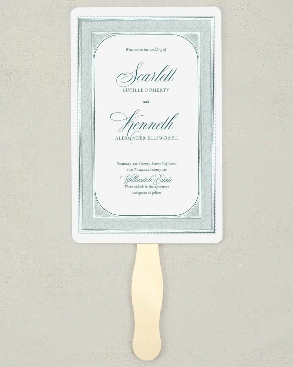 This is a 5" x 7⅞" Wedding Program Fan called Delicate Vintage printed in full color on Premium Smooth paper