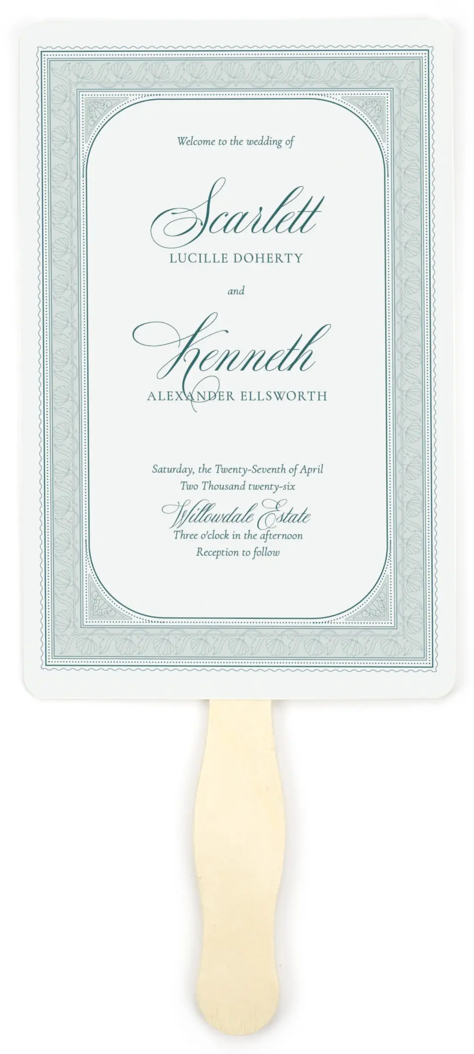 This is a 5" x 7⅞" Wedding Program Fan called Delicate Vintage printed in full color on Premium Smooth paper