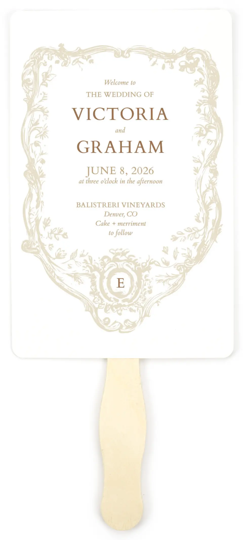 This is a 5" x 7⅞" Wedding Program Fan called Soft Branchlets printed in full color on Premium Smooth paper