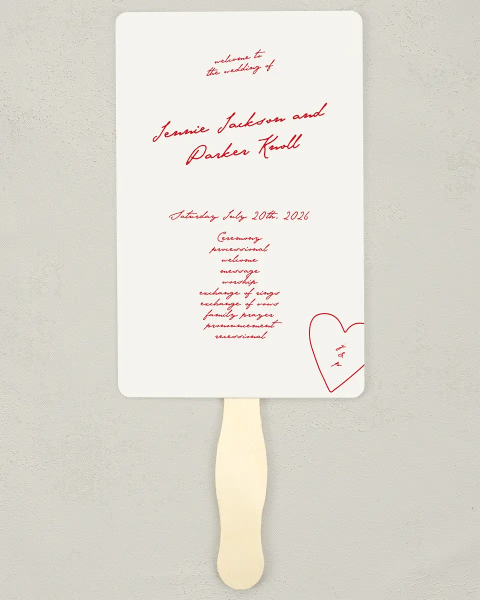 This is a 5" x 7⅞" Wedding Program Fan called With All Our Love printed in full color on Premium Smooth paper