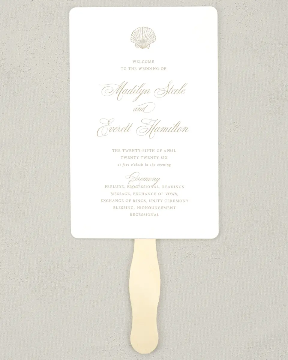 This is a 5" x 7⅞" Wedding Program Fan called Elegant Shell printed in full color on Premium Smooth paper