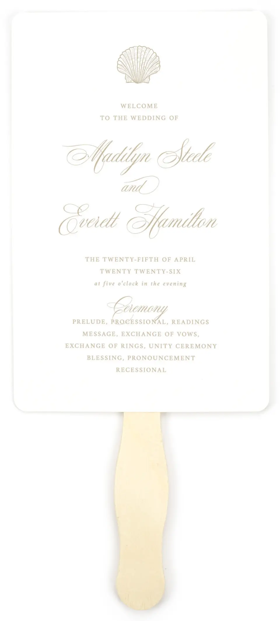 This is a 5" x 7⅞" Wedding Program Fan called Elegant Shell printed in full color on Premium Smooth paper