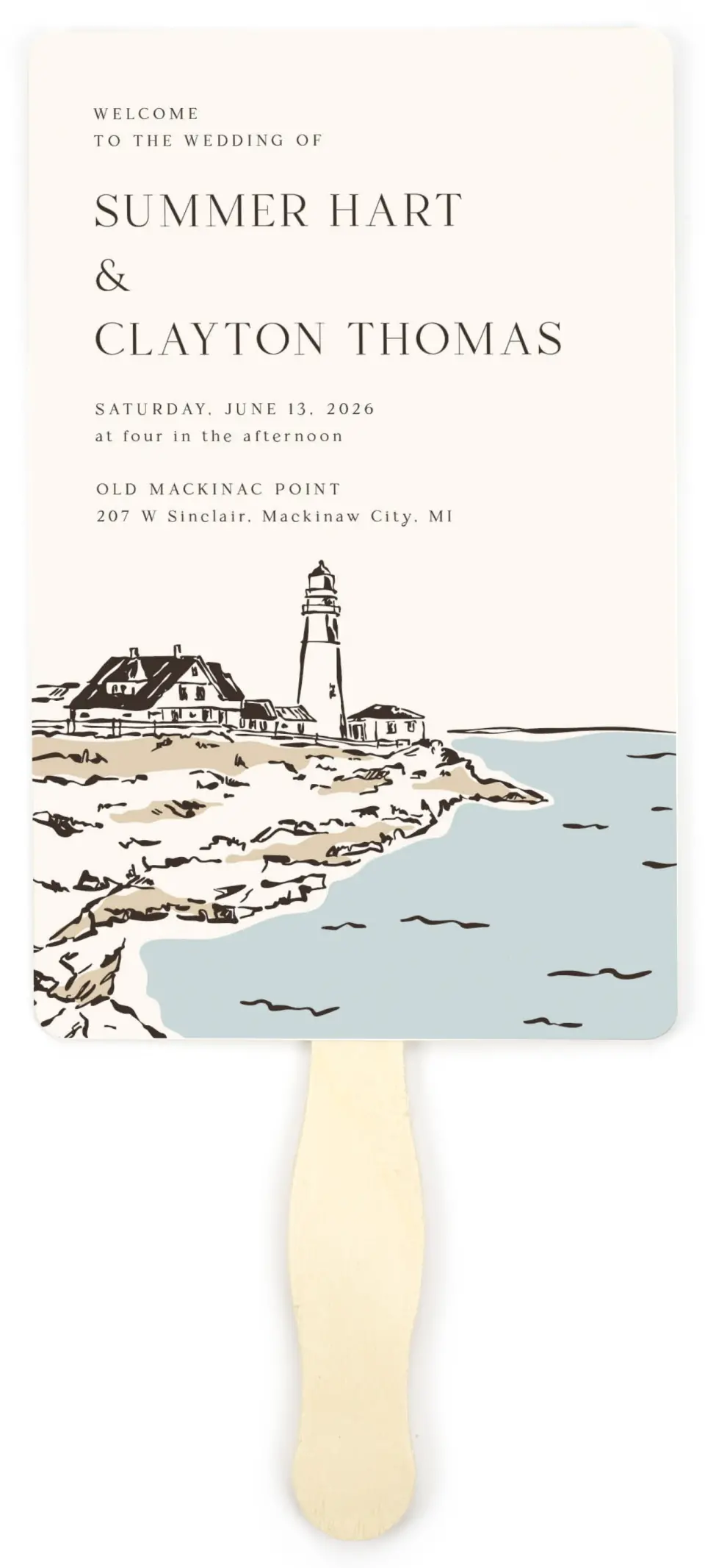 This is a 5" x 7⅞" Wedding Program Fan called Beacon of Love printed in full color on Premium Smooth paper