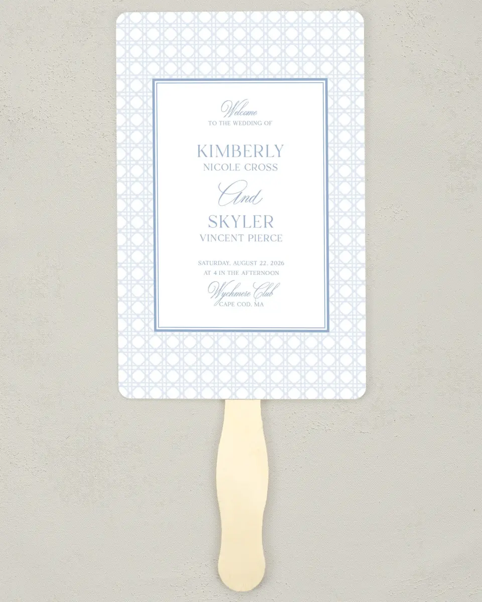 This is a 5" x 7⅞" Wedding Program Fan called Woven Serenity printed in full color on Premium Smooth paper