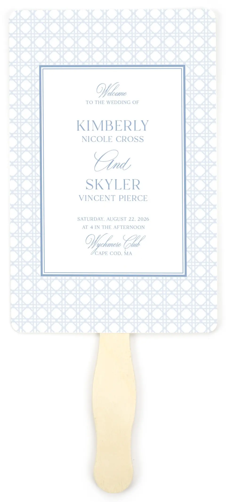 This is a 5" x 7⅞" Wedding Program Fan called Woven Serenity printed in full color on Premium Smooth paper