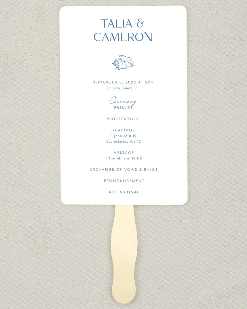 This is a 5" x 7⅞" Wedding Program Fan called Seaside Serenade printed in full color on Premium Smooth paper