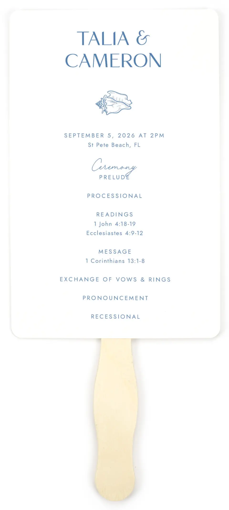 This is a 5" x 7⅞" Wedding Program Fan called Seaside Serenade printed in full color on Premium Smooth paper