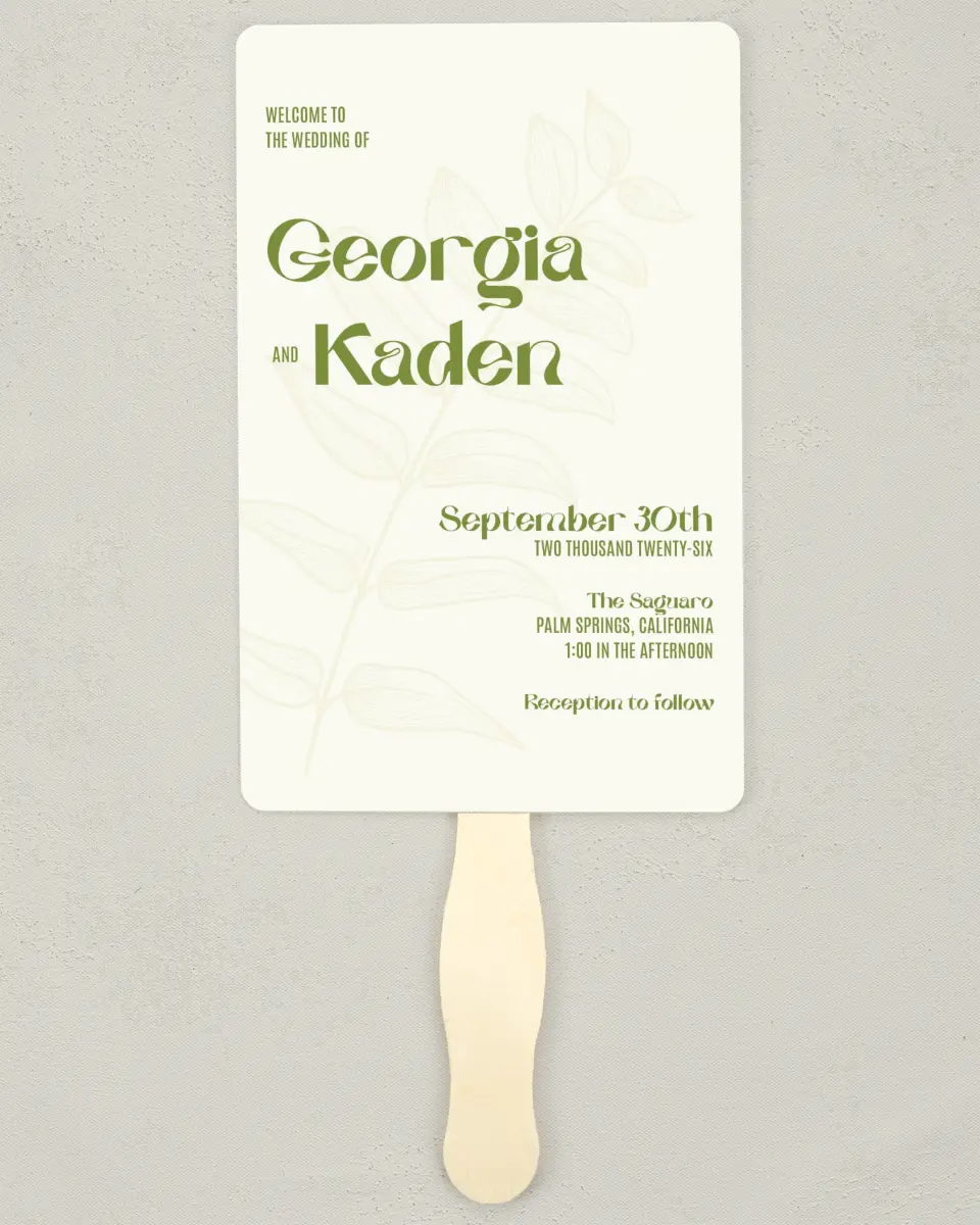 This is a 5" x 7⅞" Wedding Program Fan called Zephyr printed in full color on Premium Smooth paper