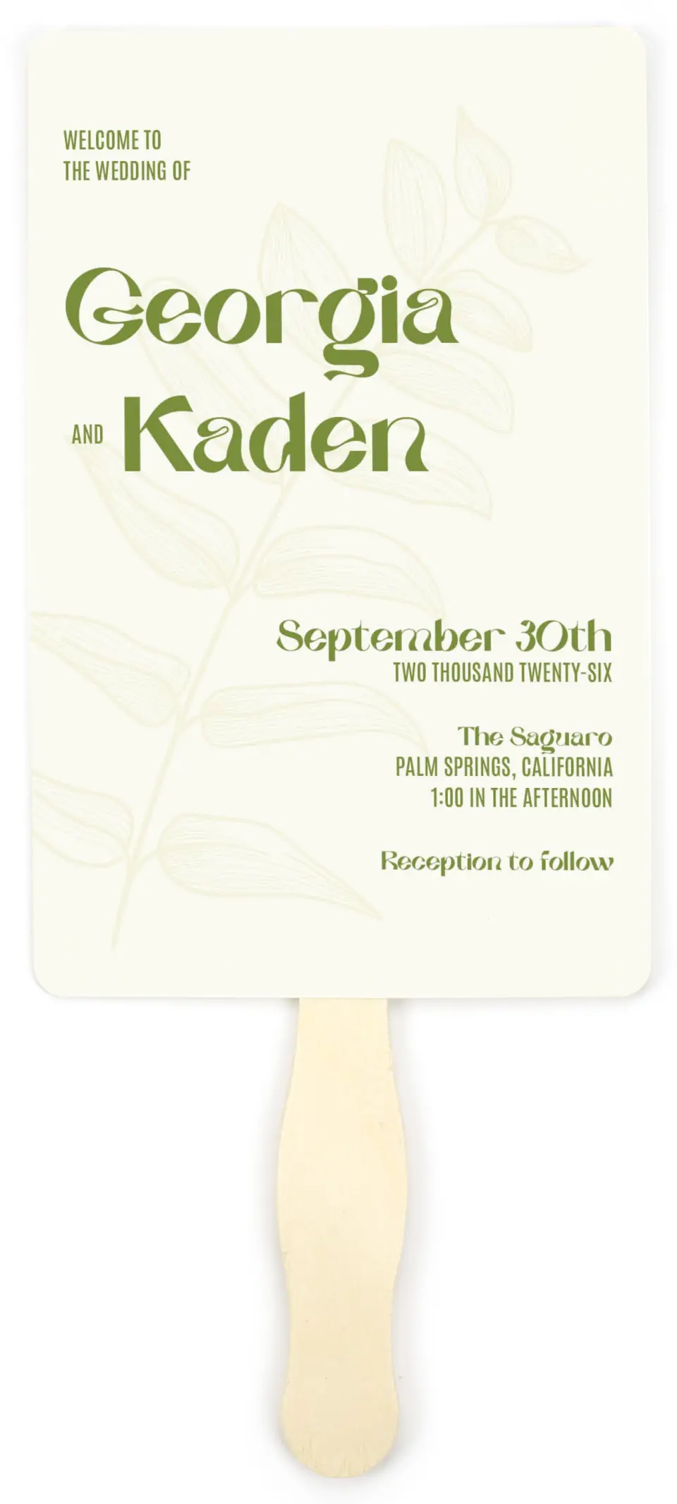 This is a 5" x 7⅞" Wedding Program Fan called Zephyr printed in full color on Premium Smooth paper