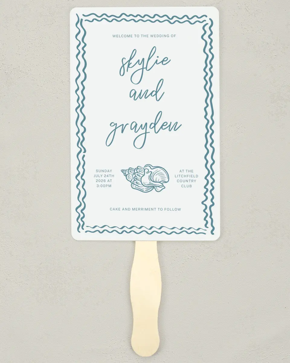 This is a 5" x 7⅞" Wedding Program Fan called I Hear Wedding Shells printed in full color on Premium Smooth paper