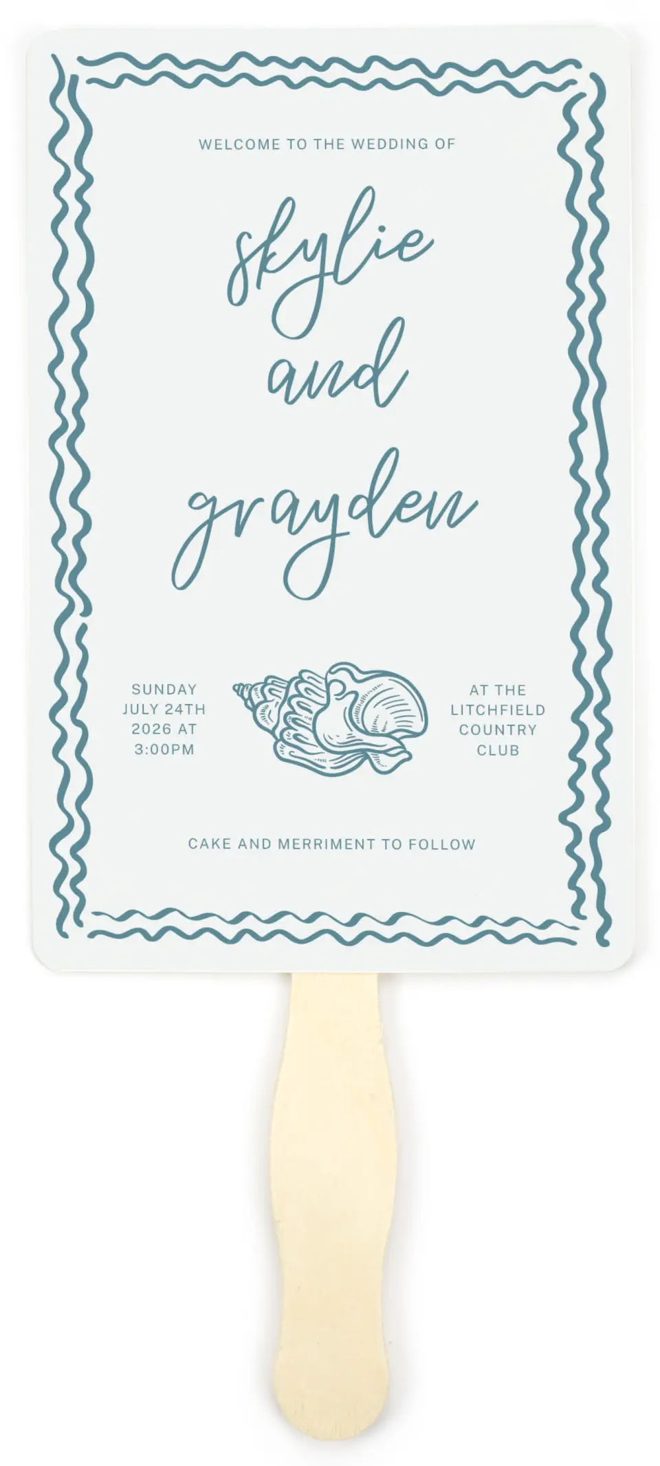 This is a 5" x 7⅞" Wedding Program Fan called I Hear Wedding Shells printed in full color on Premium Smooth paper