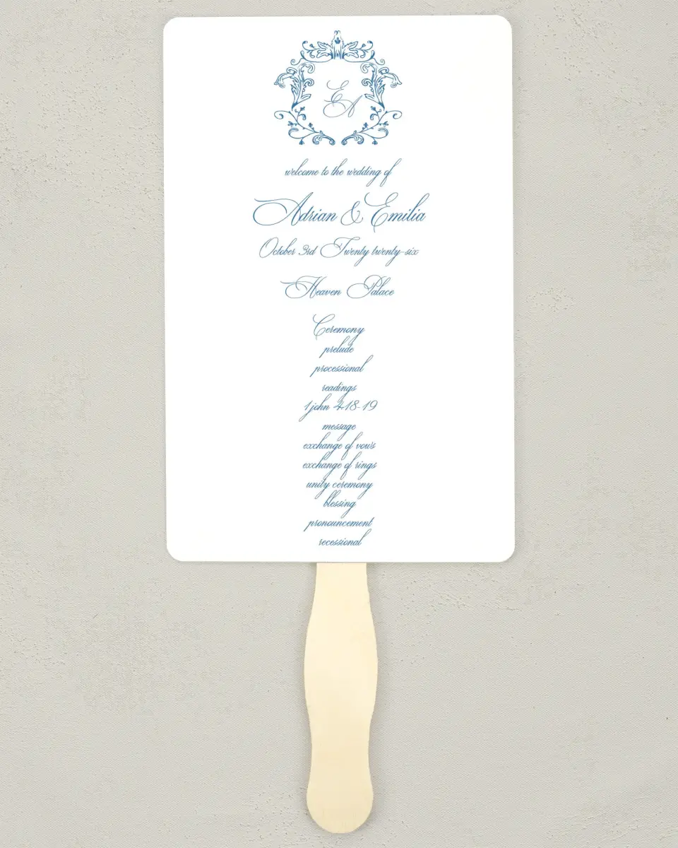 This is a 5" x 7⅞" Wedding Program Fan called Blue Toile Romance printed in full color on Premium Smooth paper