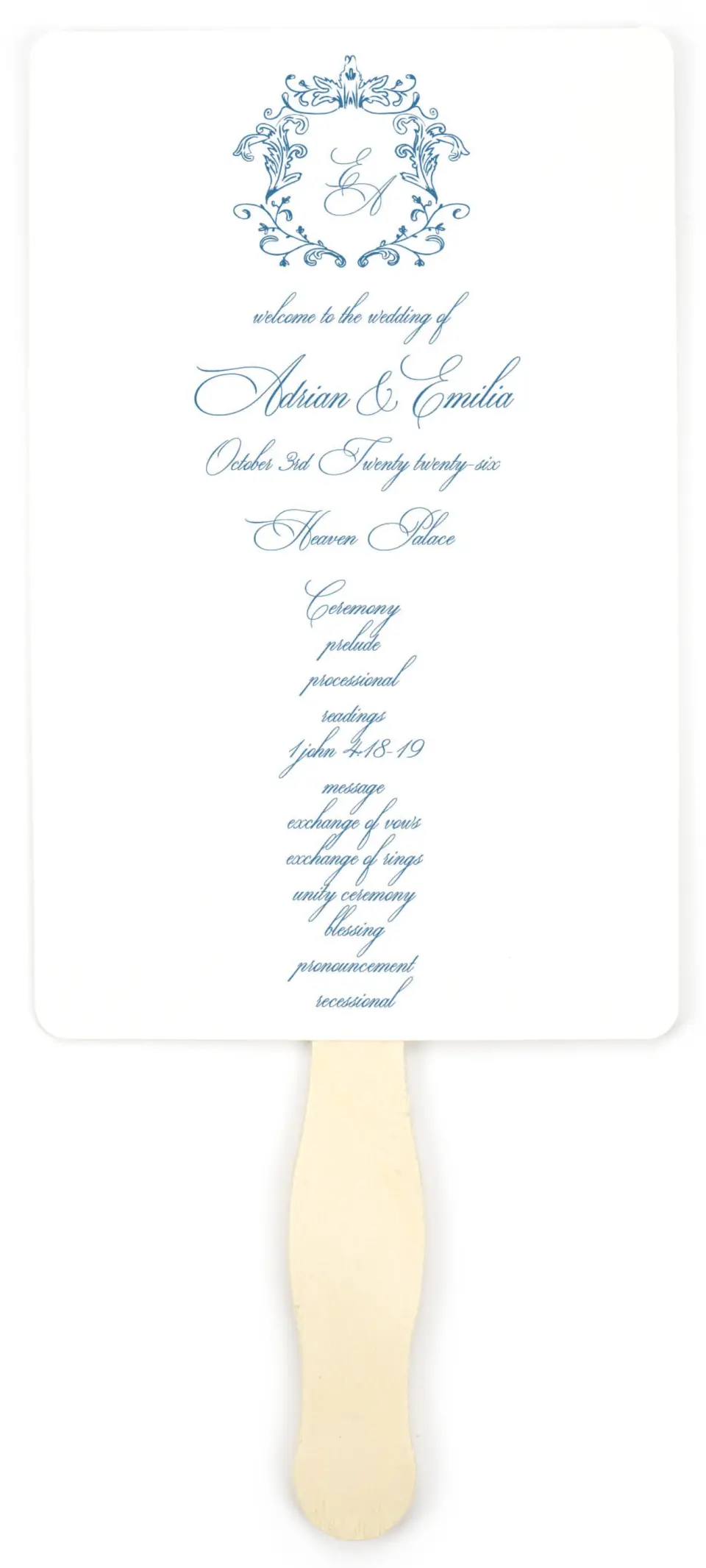 This is a 5" x 7⅞" Wedding Program Fan called Blue Toile Romance printed in full color on Premium Smooth paper