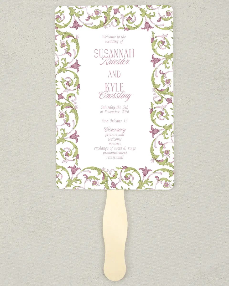This is a 5" x 7⅞" Wedding Program Fan called Ornate Garden printed in full color on Premium Smooth paper